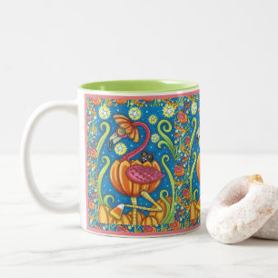 TASSE 2 COULEURS HALLOWEEN FLAMANT ROSE ROSE & CHAT NOIR EN CITROUI