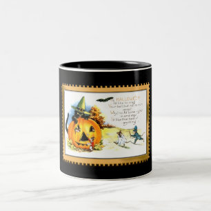 Tasse 2 Couleurs Halloween Kitty assis à Jack-o'-lantern