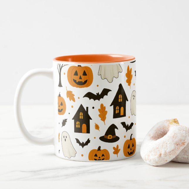 Tasse 2 Couleurs Halloween Scary Motif - Éffrayant & Festif (Avec donut)