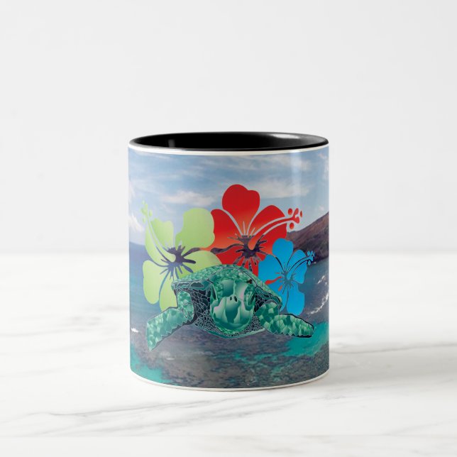 Tasse 2 Couleurs Hawaii Hibiscus Fleurs et tortues (Centre)