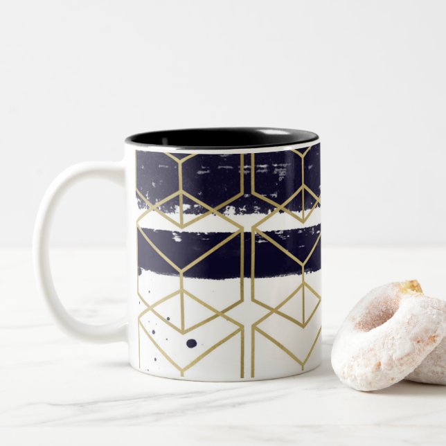 Tasse 2 Couleurs Hexagon Modern Marine Blue Gold Glam géométrique (Avec donut)