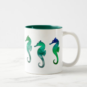 Tasse 2 Couleurs Hippocampes vert-foncé d'aquarelle