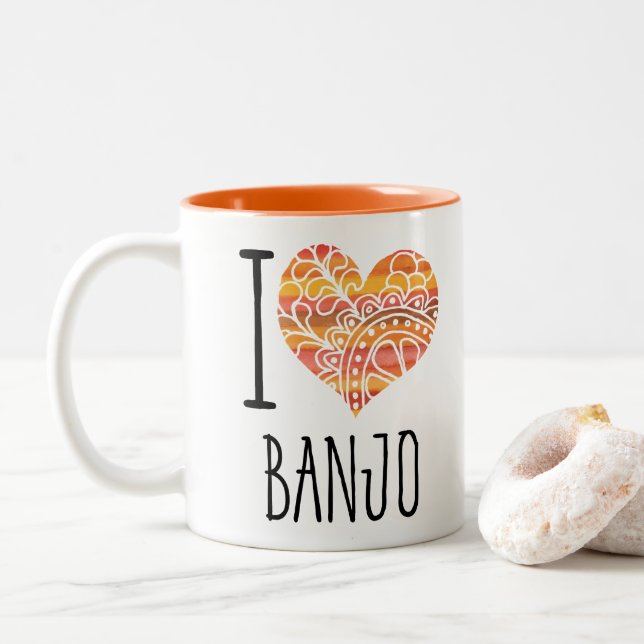Tasse 2 Couleurs I Love Banjo Orange Mandala Heart (Avec donut)