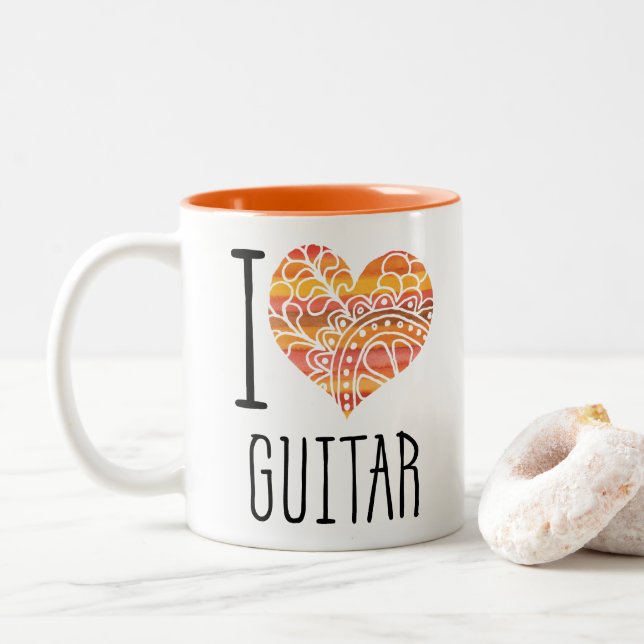 Tasse 2 Couleurs I Love Guitar Orange Mandala Heart (Avec donut)