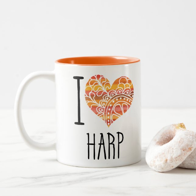 Tasse 2 Couleurs I Love Harp Orange Mandala Heart (Avec donut)