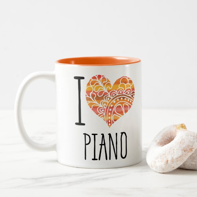 Tasse 2 Couleurs I Love Piano Orange Mandala Heart (Avec donut)