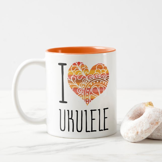 Tasse 2 Couleurs I Love Ukulele Orange Mandala Heart (Avec donut)