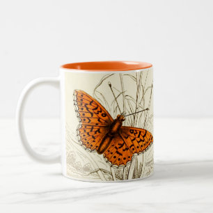 Tasse 2 Couleurs Illustration papillon vintage, orange et Brown