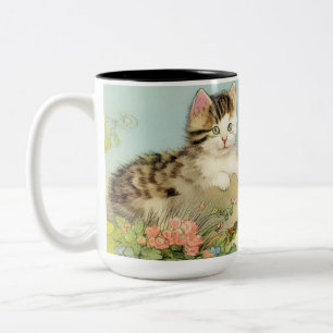 Tasse 2 Couleurs Illustration vintage de chat avec fleurs roses