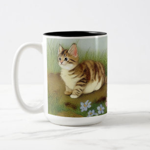 Tasse 2 Couleurs Illustration vintage Kitten avec fleurs