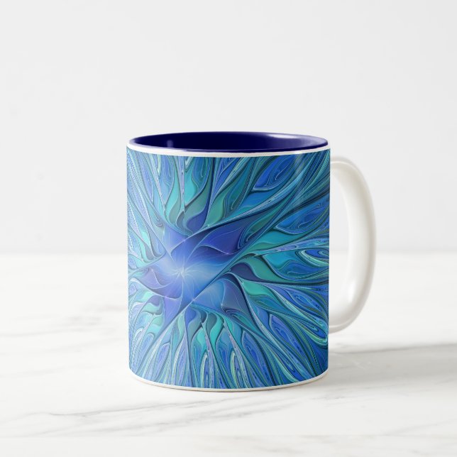 Tasse 2 Couleurs Imaginaire Fleur Bleue Motif, Art Fractal Abstrait (Devant droit)