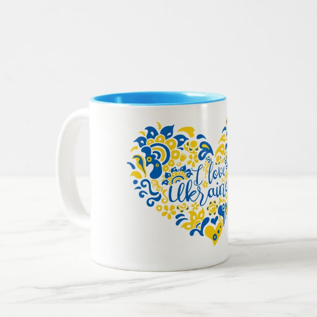 Tasse 2 Couleurs J'aime Ukraine inspiration citation coeur café Mu (Devant gauche)