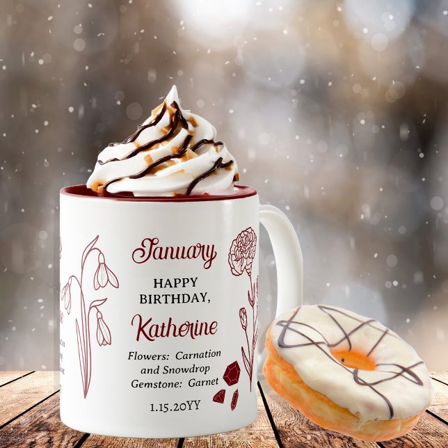 Tasse 2 Couleurs Janvier Carnation Snowdrop Anniversaire Gardien (January Carnation and Snowdrop Floral | Garnet Birthstone Keepsake Two-Tone Coffee Mug)