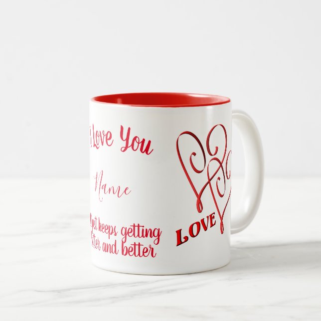Tasse 2 Couleurs Je t'aime Coeurs rouges entrelacés Personnalisé (Devant droit)