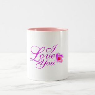 Tasse 2 Couleurs Je t'aime dans le texte rose avec les coeurs