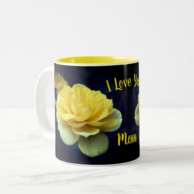 Tasse 2 Couleurs Je t'aime Maman Fleur de rose jaune (Devant gauche)