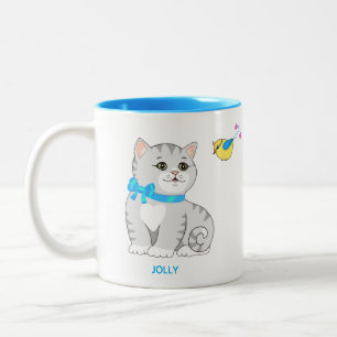 Tasse 2 Couleurs Joli chat gris tabby et petit oiseau