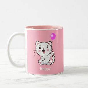 Tasse 2 Couleurs Joli chaton heureux tenant un ballon sur rose deux