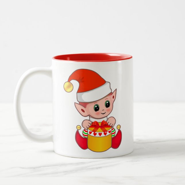 Tasse 2 Couleurs Joli elfe de Noël avec boîte cadeau (Gauche)