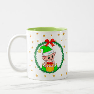 Tasse 2 Couleurs Joli Elfe de Noël Vert, Couronne de Pin & Étoiles