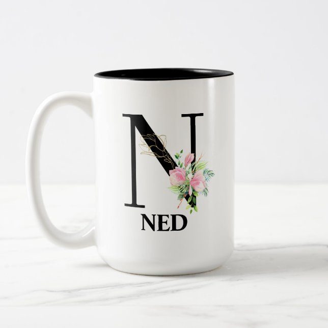 Tasse 2 Couleurs Joli Floral N alphabet monogrammé (Gauche)