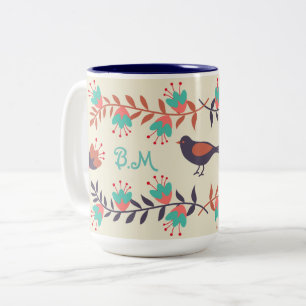 Tasse 2 Couleurs Joli Monogramme d'art folklorique d'oiseaux et de