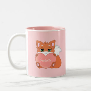 Tasse 2 Couleurs Joli petit renard tenant un cœur sur fond rose