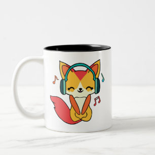 Tasse 2 Couleurs Joli renard avec écouteurs écoutant de la musique.