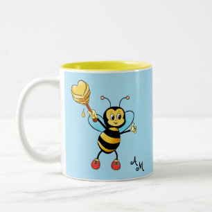 Tasse 2 Couleurs Jolie abeille avec cœur et monogramme sur fond ble