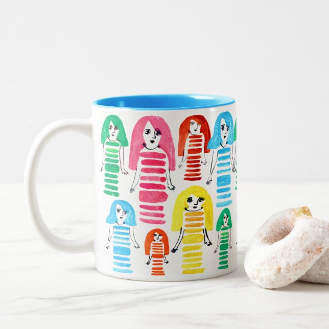 Tasse 2 Couleurs Jolie aquarelle filles art moderne funky (Avec donut)