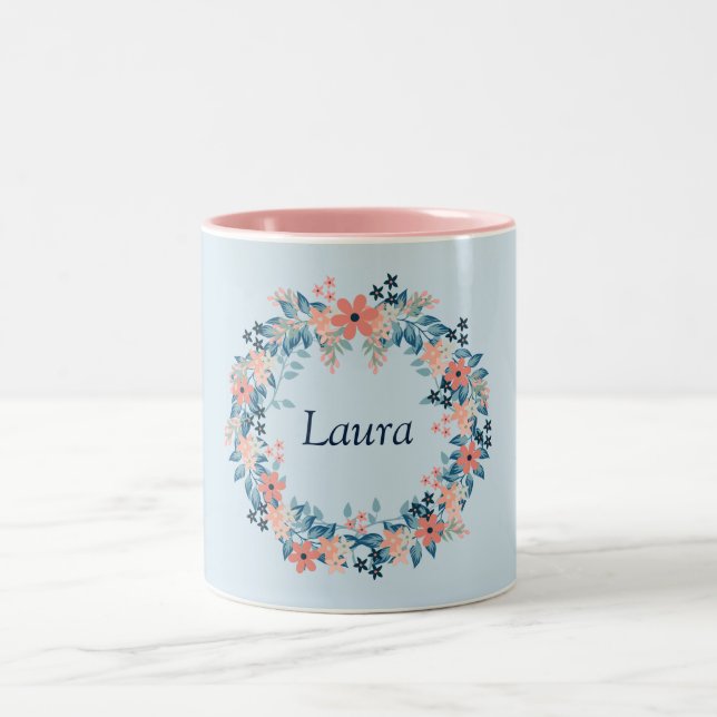 Tasse 2 Couleurs Jolie couronne de fleurs rose et bleu (Centre)