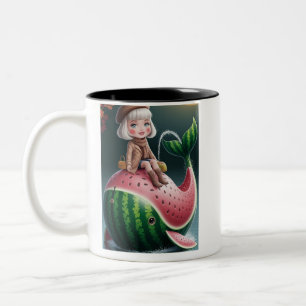 Tasse 2 Couleurs Jolie Fille Chevauchant une Baleine Pastèque