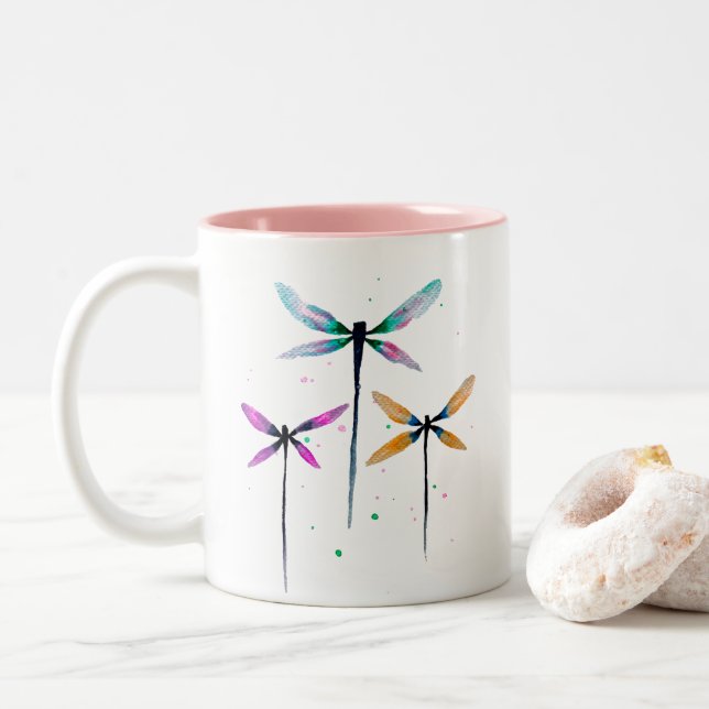 Tasse 2 Couleurs Jolie libellule aquarelle rustique (Avec donut)