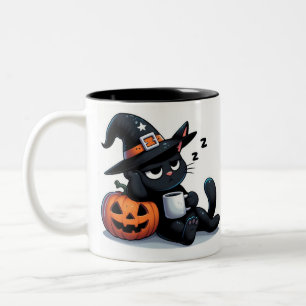 Tasse 2 Couleurs Jolie sorcière chat endormi & citrouille Halloween