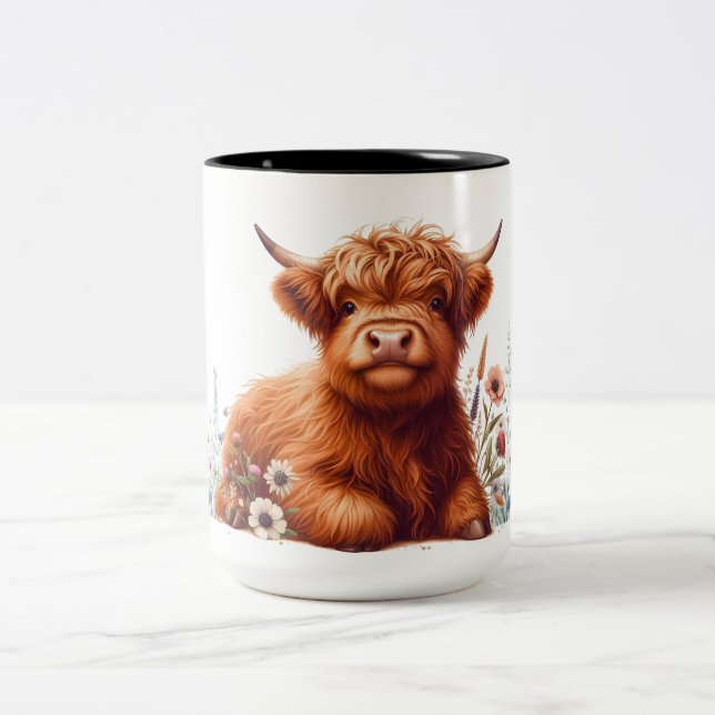 Tasse 2 Couleurs Jolie vache Florale Highland (Centre)