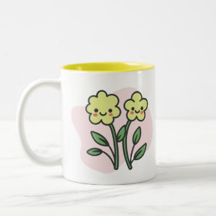Tasse 2 Couleurs Jolies fleurs jaunes souriantes Kawaii pastel rose