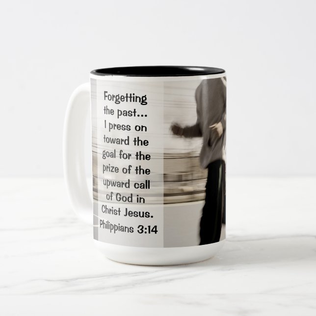 Tasse 2 Couleurs J'oublie le passé, Philippiens 3:14 (Devant gauche)