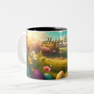 Tasse 2 Couleurs Joyeuses Pâques dans un paysage printanier
