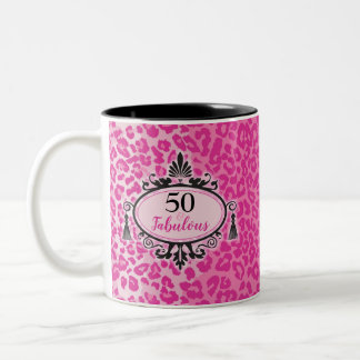 Tasse 2 Couleurs Joyeux 50e anniversaire Pink Leopard 50 et Fabulou