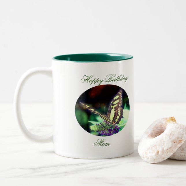 Tasse 2 Couleurs Joyeux Anniversaire papillon maman (Avec donut)