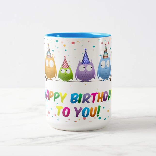 Tasse 2 Couleurs Joyeux Anniversaire pour vous, Chouettes, (Centre)