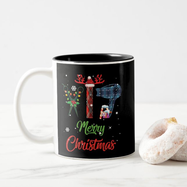 Tasse 2 Couleurs Joyeux coiffeur de Noël Funny Outil Coiffeur (Avec donut)