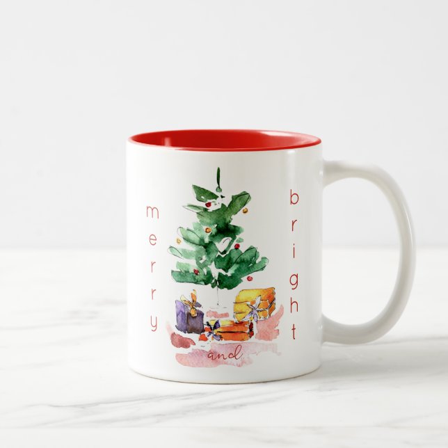 Tasse 2 Couleurs Joyeux et brillant Arbre de Noël Aquarelle (Droit)