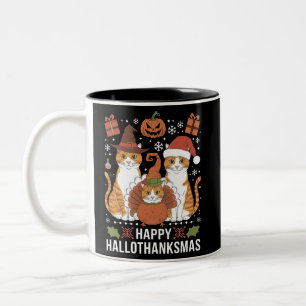 Tasse 2 Couleurs Joyeux Hallothanksmas Chats Halloween Noël
