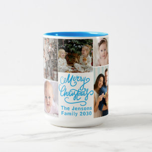 Tasse 2 Couleurs Joyeux Noël Bleu Cinq Photos de famille mignonnes 