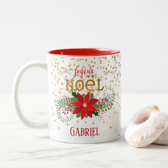 Tasse 2 Couleurs Joyeux Noel Gold Parties scintillant Poinsettia (Avec donut)