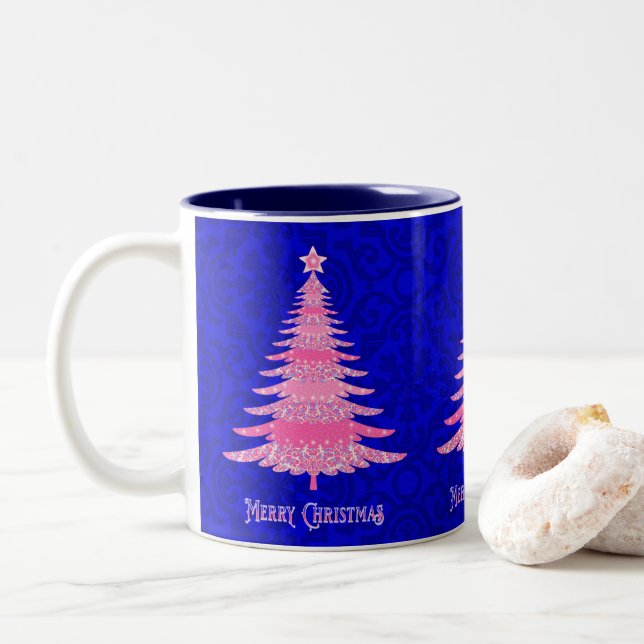 Tasse 2 Couleurs Joyeux Noël Pink Tree Sparkflakes Snowflakes (Avec donut)