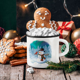 Tasse 2 Couleurs Joyeux Noël Snowman & Oiseaux Scène d'hiver Café