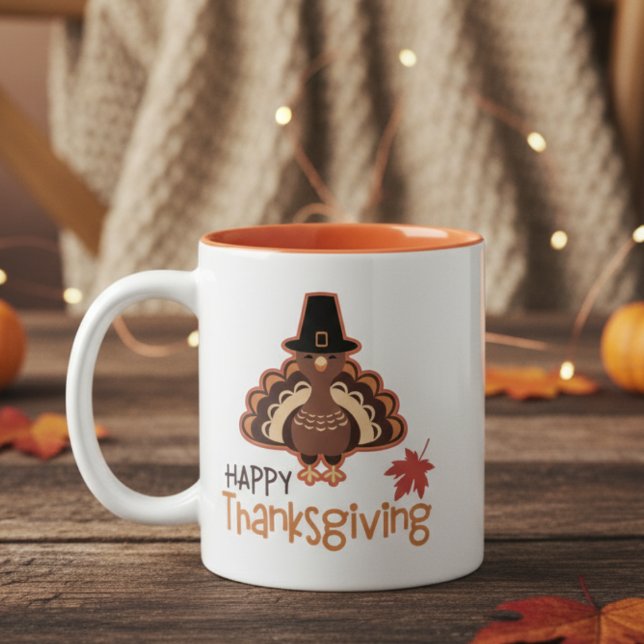 Tasse 2 Couleurs Joyeux Thanksgiving Dindon Pèlerin Mignon (Happy Thanksgiving Cute Pilgrim Turkey Two-Tone Coffee Mug)