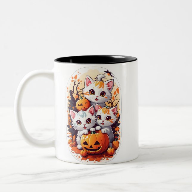 Tasse 2 Couleurs Kawaii Kittens jouer avec un petit citrouille (Gauche)